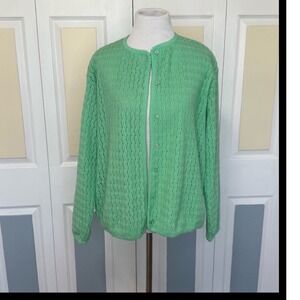 60s Vintage Acrylic Knit Cardigan Sweater Green Open Stitch Button Down L